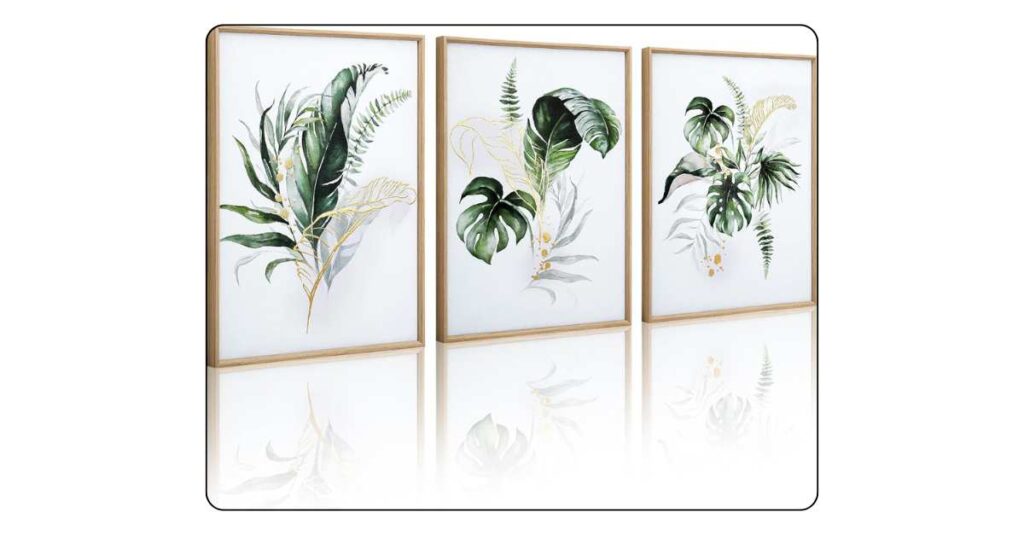 Botanical wall art decorating a modern luxury bedroom.