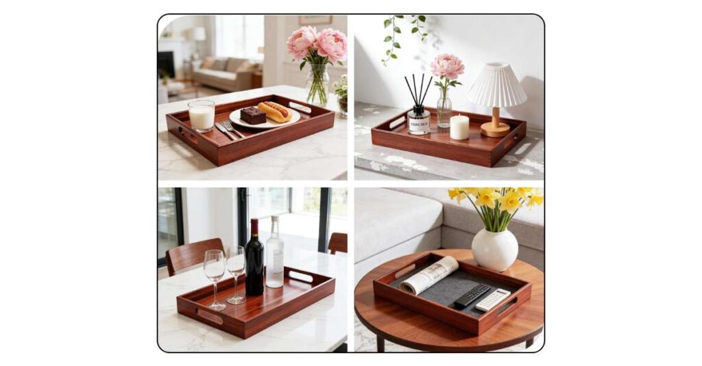 Decorative tray styled with candles and accessories on a bedroom nightstand.