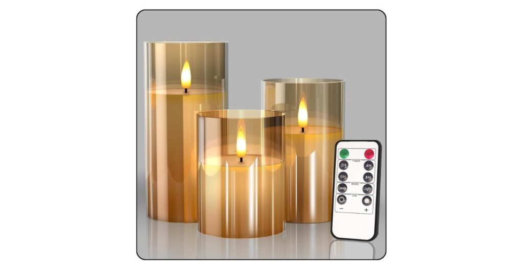 Flameless LED candles creating warm ambient lighting in a bedroom.