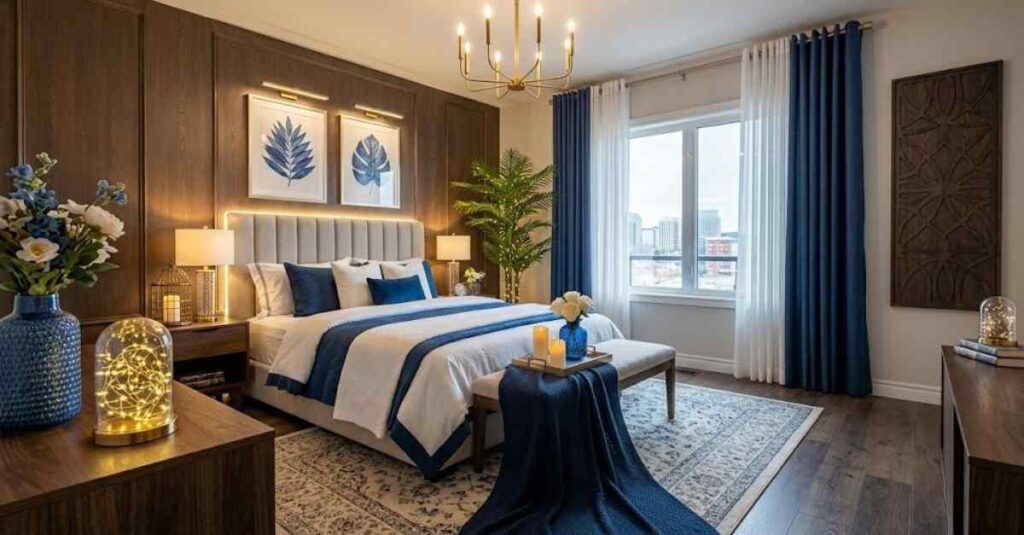 Luxury bedroom featuring navy blue curtains, warm ambient lighting, upholstered bed, and elegant modern decor.