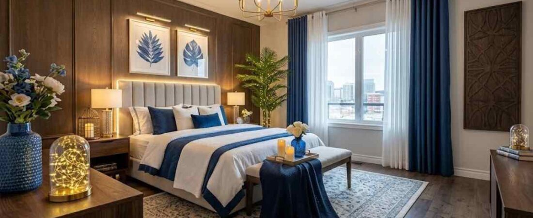 15 Luxury Bedroom Decor Ideas with Navy Blue Curtains & Cozy Ambient Lighting