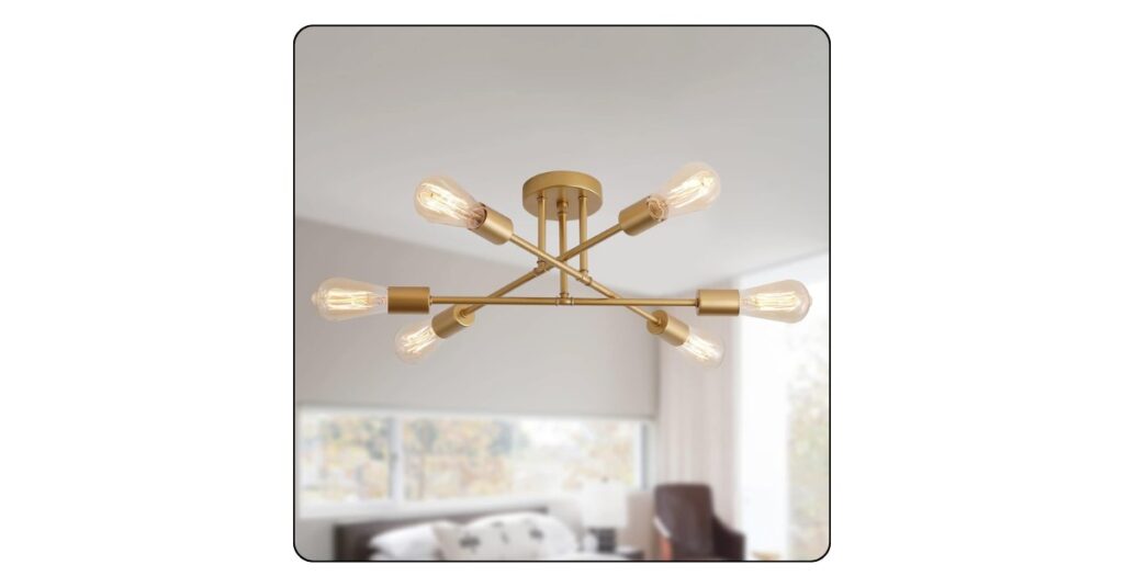 Elegant gold chandelier adding warmth and luxury to a modern bedroom.