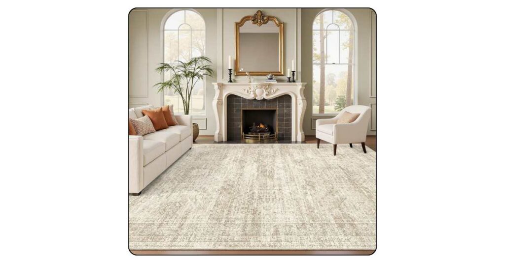 Soft neutral area rug placed under a luxury bedroom bed