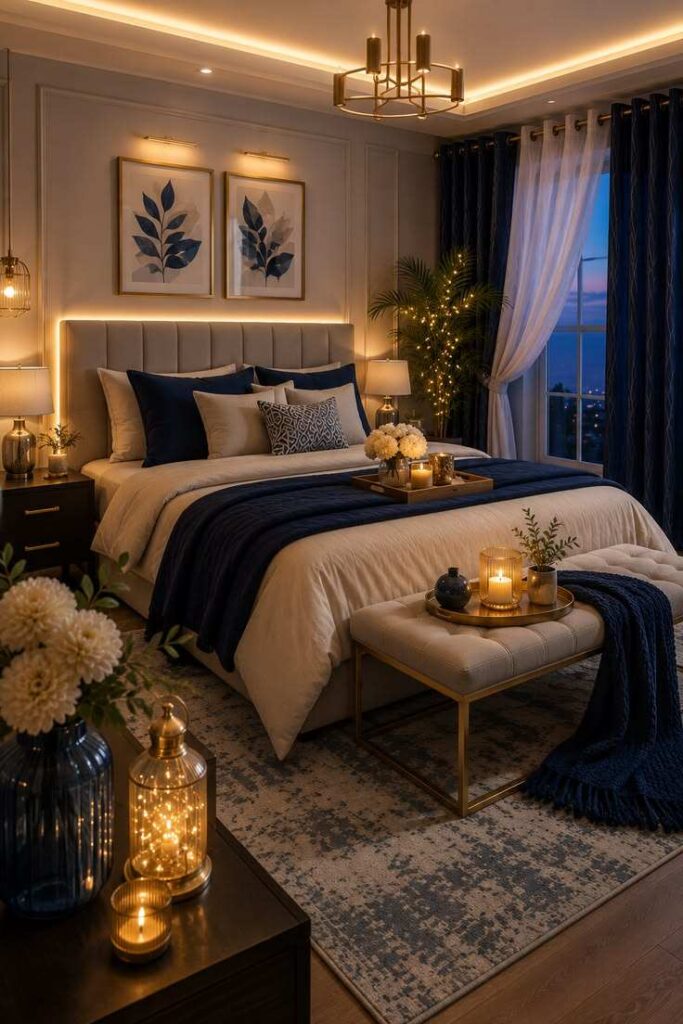 Pinterest-inspired luxury bedroom with navy curtains, warm lighting, and cozy hotel-style decor.