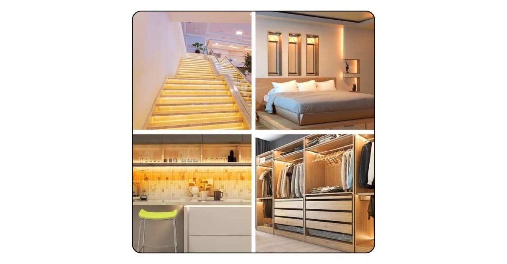 Warm LED strip lighting creating ambient lighting behind a modern bed.