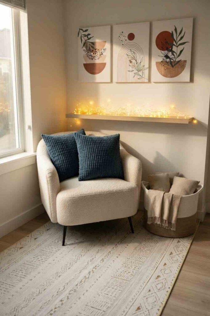 Boho style reading nook with rattan chair and macrame wall hanging