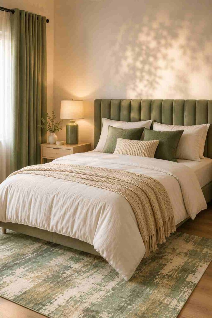 Luxury sage green bedroom featuring a tufted headboard, cream bedding, sage curtains, ceramic lamp, and woven area rug.