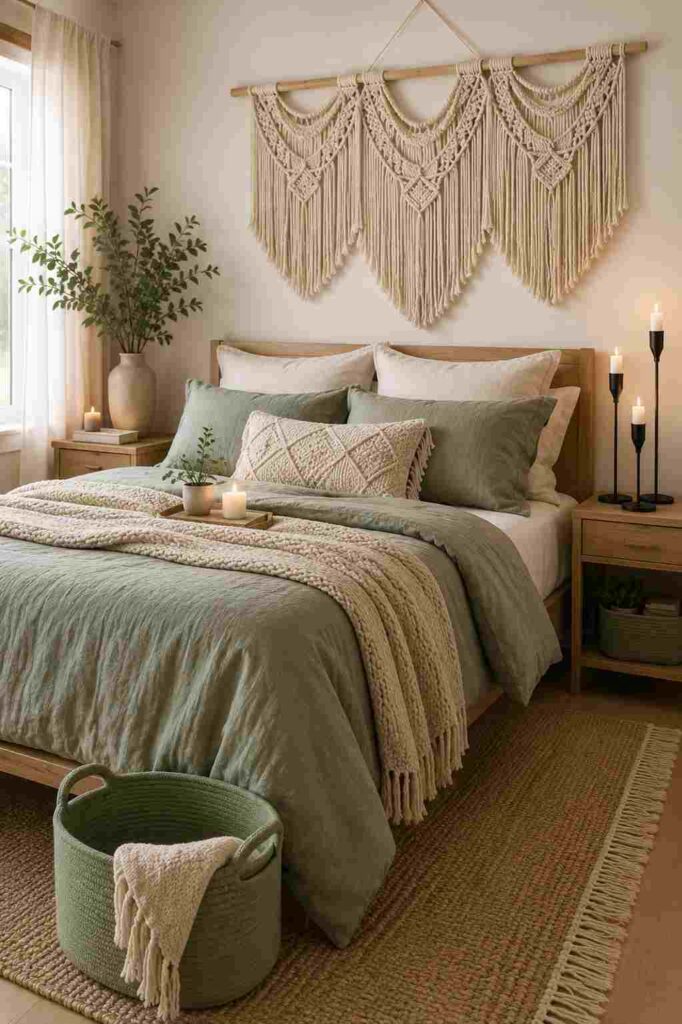 Boho sage green bedroom with macrame wall hanging, woven storage basket, matte black candle holders, and layered neutral bedding.