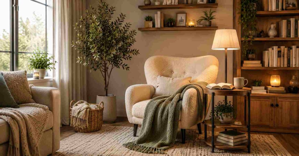 Cozy reading nook in a small apartment featuring a cream accent chair, floating bookshelves, floor lamp, side table, books, storage basket, and faux olive tree.