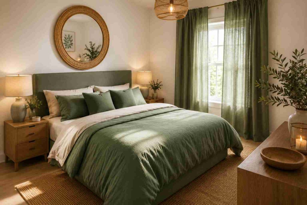 Cozy sage green bedroom featuring layered cream bedding, sage green upholstered bed, velvet pillows, rattan mirror, and floor-length curtains in a bright apartment bedroom.