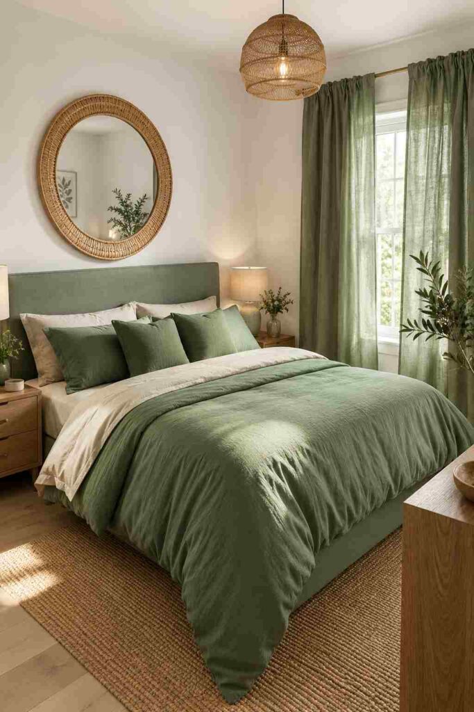 Cozy sage green bedroom featuring layered cream bedding, sage green upholstered bed, velvet pillows, rattan mirror, and floor-length curtains in a bright apartment bedroom.