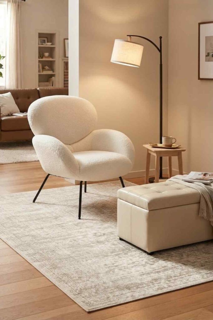 Living room reading corner with storage ottoman and boho area rug