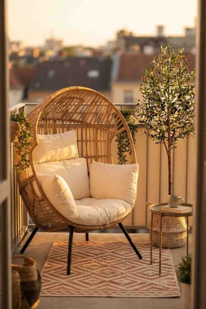 Small apartment balcony reading nook with woven chair and faux olive tree
