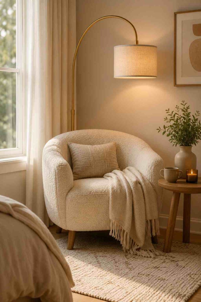  Cozy bedroom reading nook with a bouclé accent chair and warm floor lamp