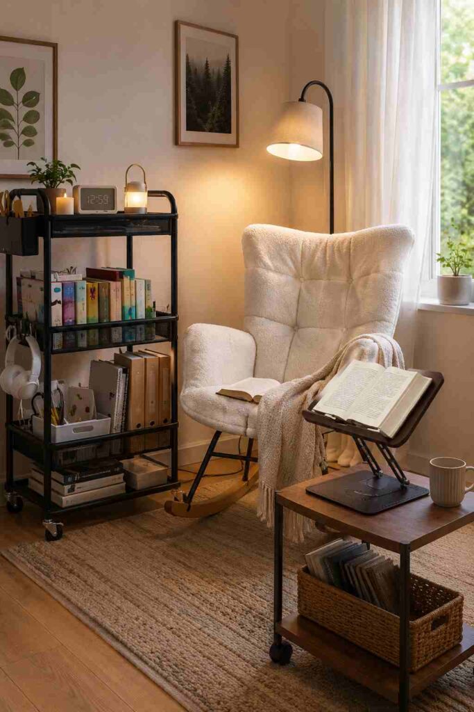 Reading nook for book lovers with rolling book cart and book stand