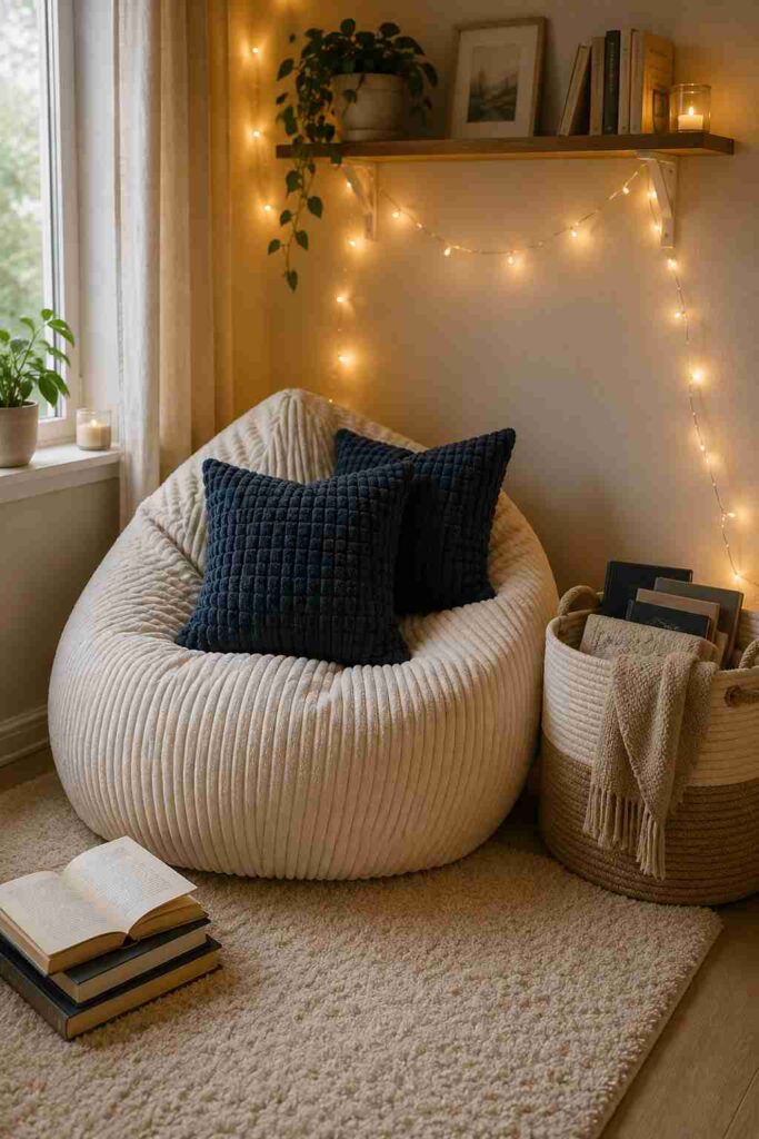  Budget friendly reading nook with bean bag chair and fairy lights