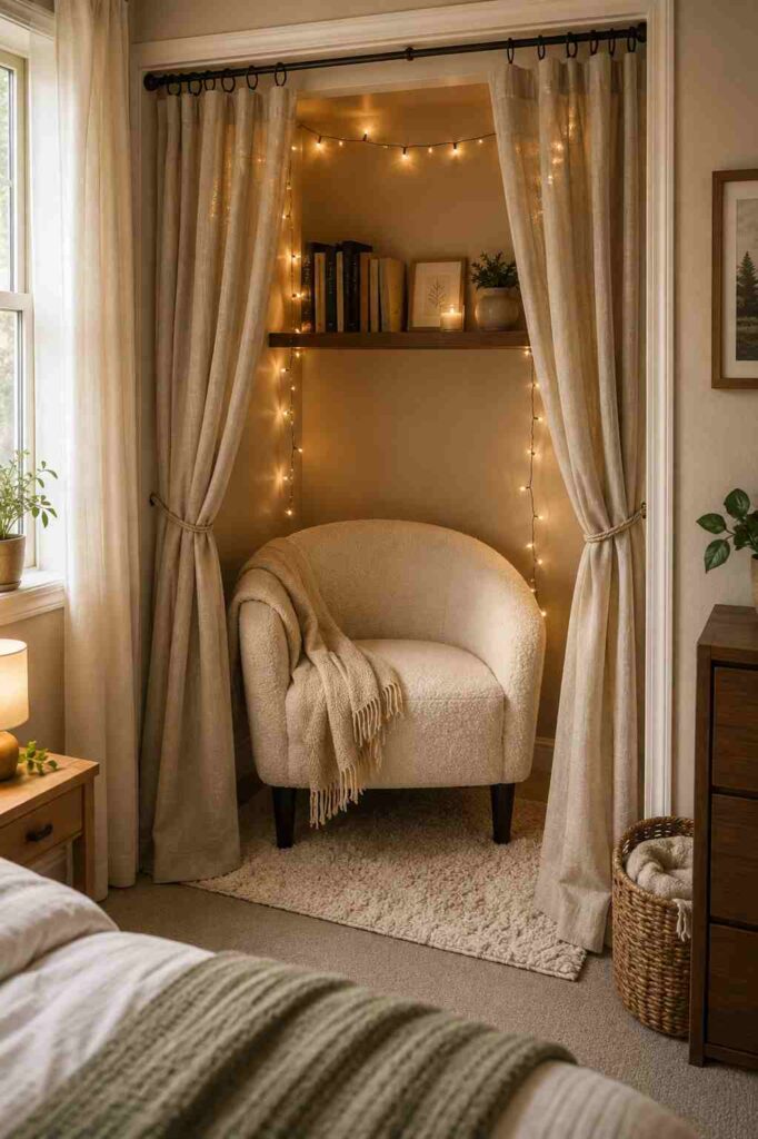 Small closet turned into a reading nook with warm fairy lights
