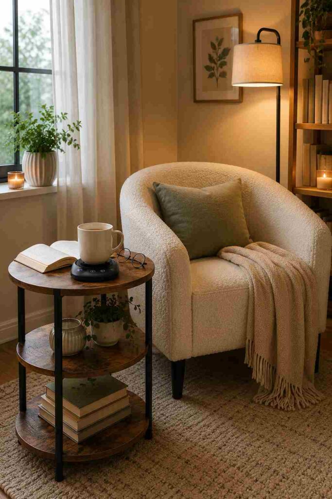Reading corner with coffee mug on a mug warmer beside a cozy chair