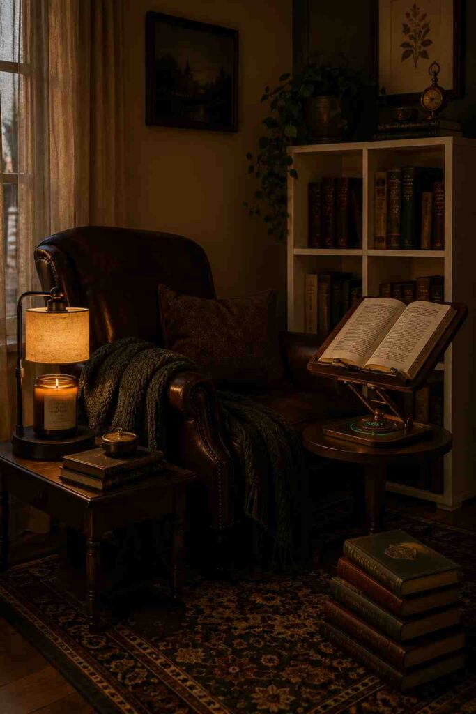 Dark academia reading nook with candle warmer lamp and wooden bookshelf 
