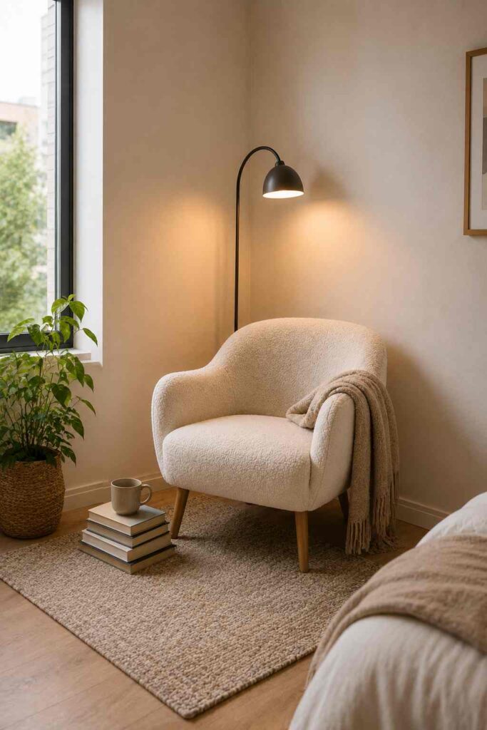 Empty room corner transformed into a simple reading nook 