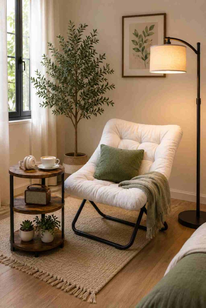  Reading nook chair beside a tall faux olive tree