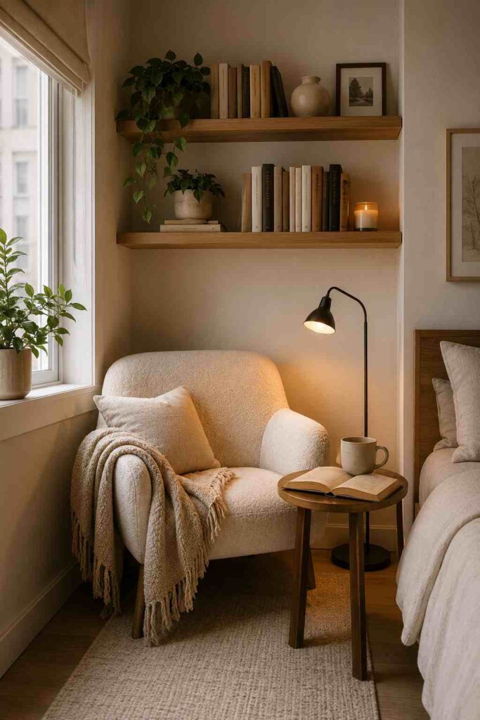  Reading nook with floating shelves mounted above a cozy chair