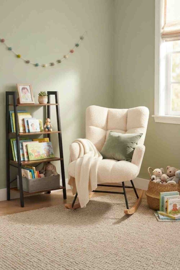 Kids reading nook with soft rocking chair and low bookshelf Caption: A low rocking chair and an easy to reach bookshelf make this reading nook simple for kids to use on their own.