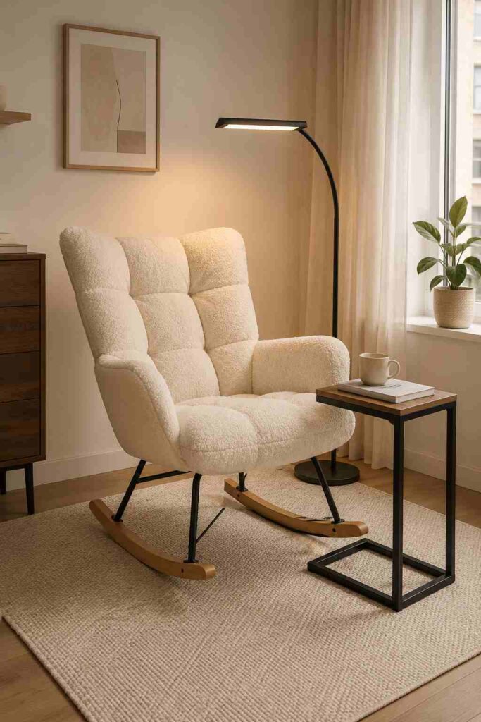 Minimalist reading nook with single accent chair and small side table
