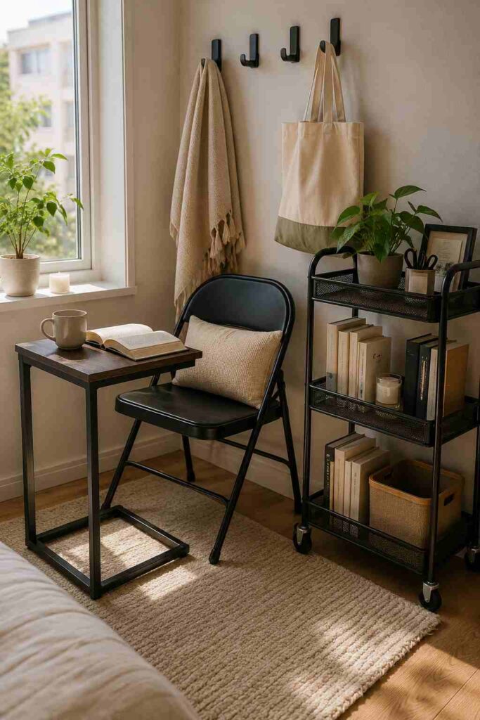 Renter friendly reading nook with folding chair and removable wall art