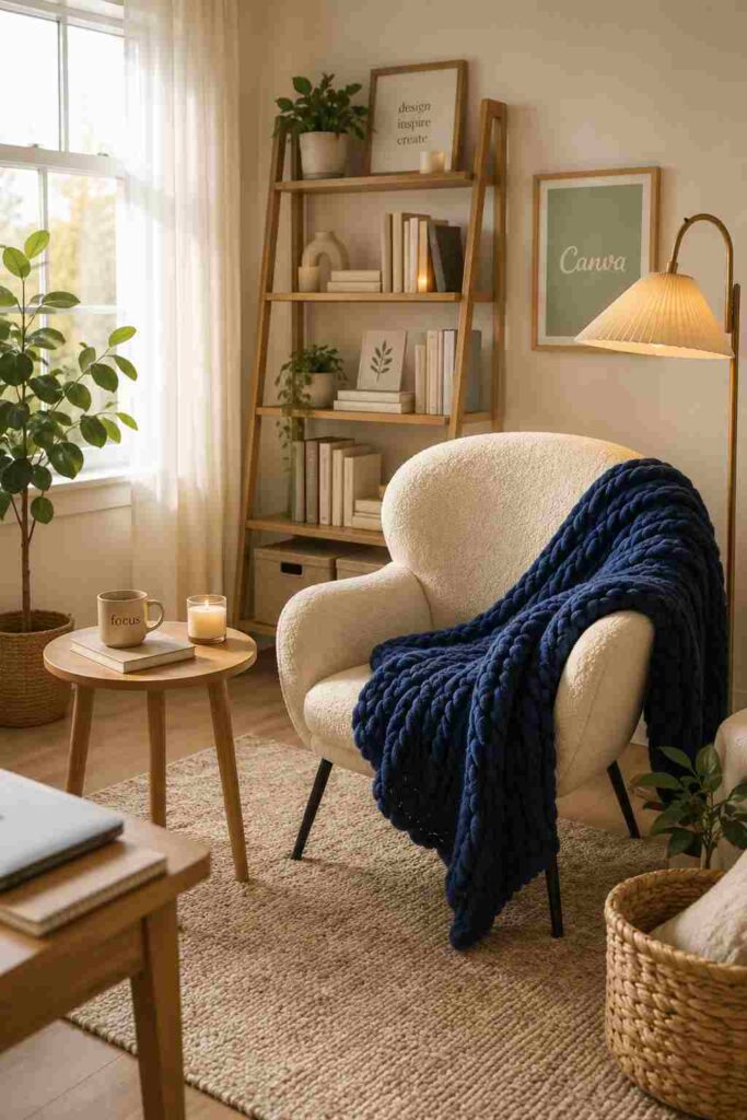 Scandinavian style reading nook with light wood ladder bookshelf