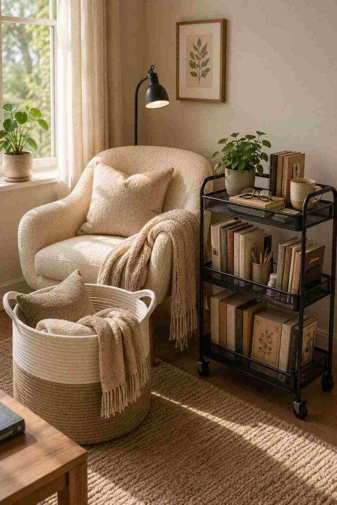 Reading nook with woven storage basket and rolling book cart 