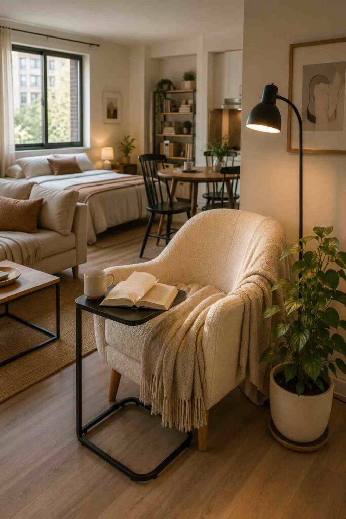 Small studio apartment reading nook with folding chair and side table