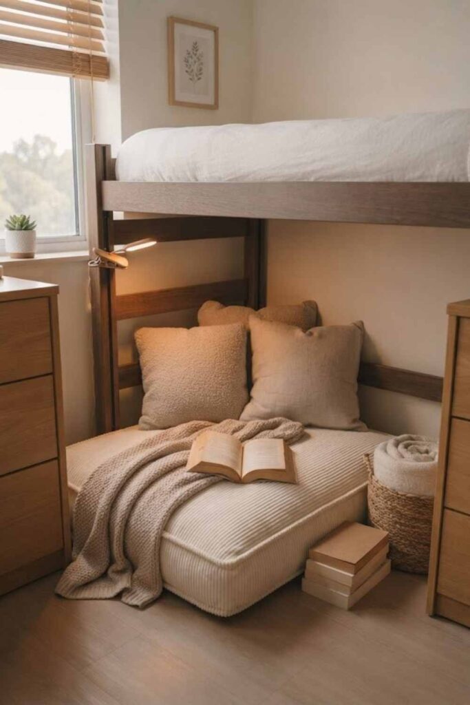 Cozy reading nook tucked under a loft bed with floor cushion and book light
