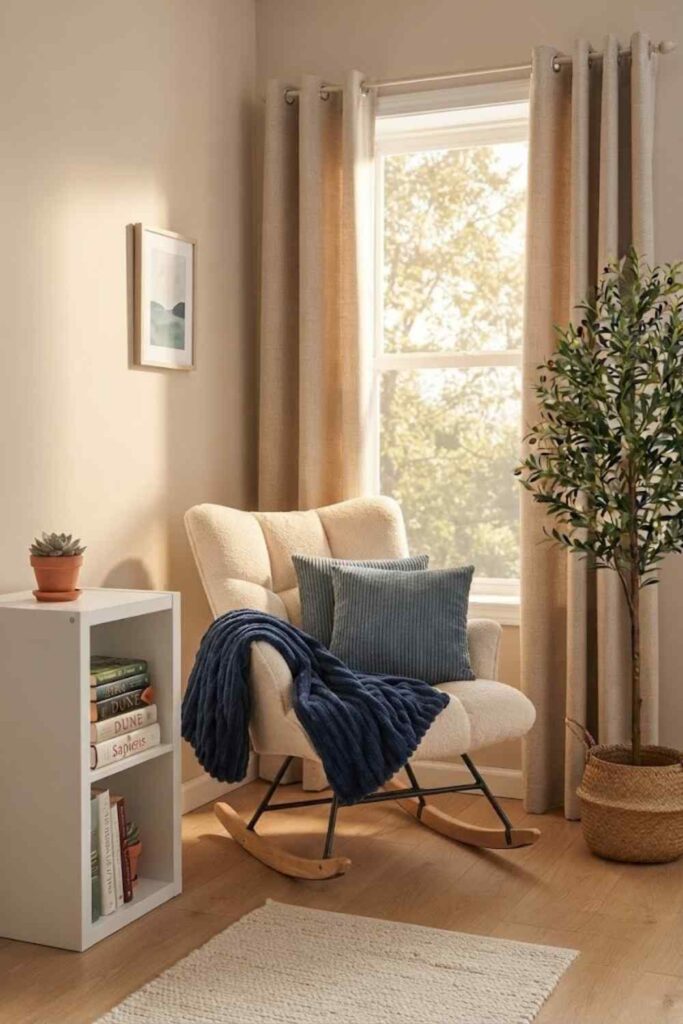 Cozy window reading nook with cream bouclé accent chair and linen curtains