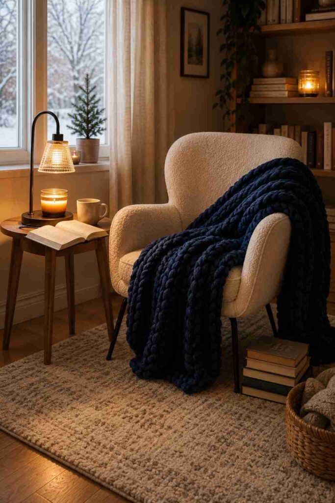 Cozy winter reading nook with chunky throw blanket and candle warmer lamp