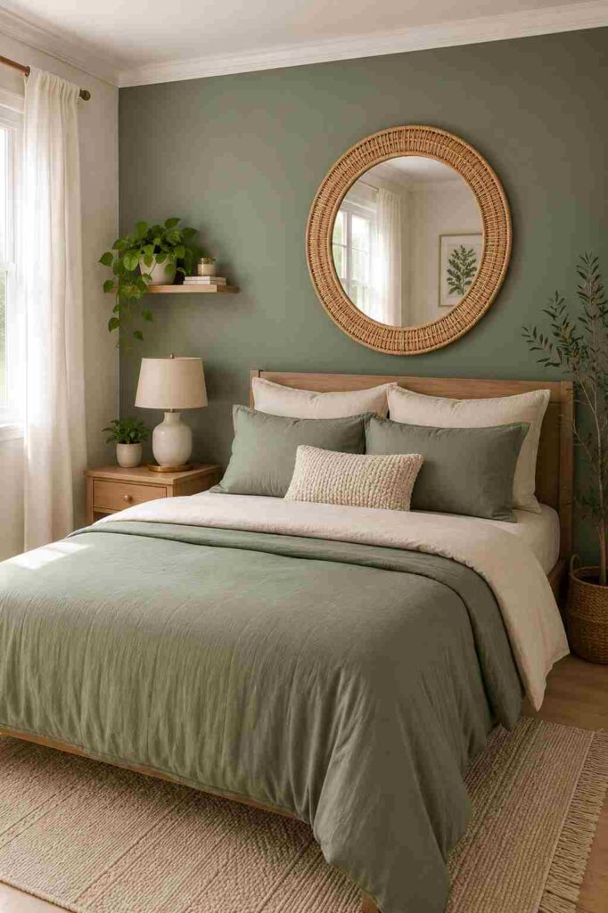 Small sage green bedroom with a renter-friendly accent wall, cream bedding, round rattan mirror, and natural wood furniture.