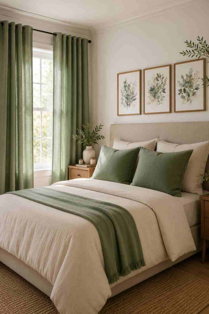 Sage green bedroom decor with floor-length curtains, velvet throw pillows, and botanical wall art in gold frames.