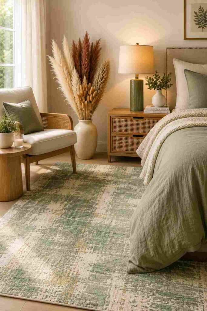 Cozy sage green bedroom corner featuring a ceramic table lamp, woven area rug, pampas grass decor, and warm ambient lighting.