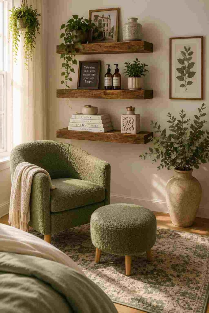 Sage green bedroom reading nook with floating shelves, accent chair, decorative vase, books, and cozy apartment decor.