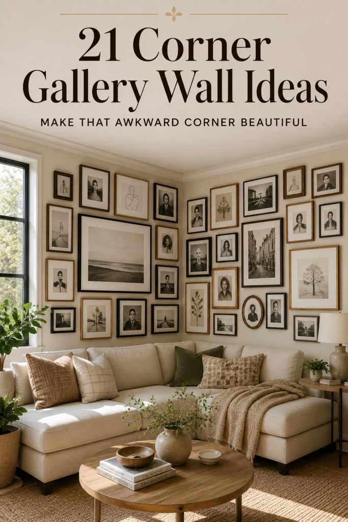 Wraparound corner gallery wall extending across two living room walls