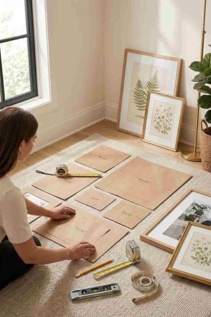 Planning a gallery wall layout with paper frame templates