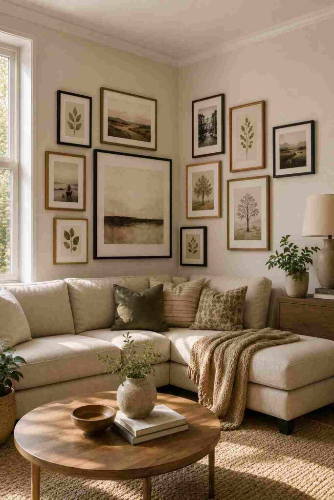 Asymmetrical corner gallery wall with mixed-size frames