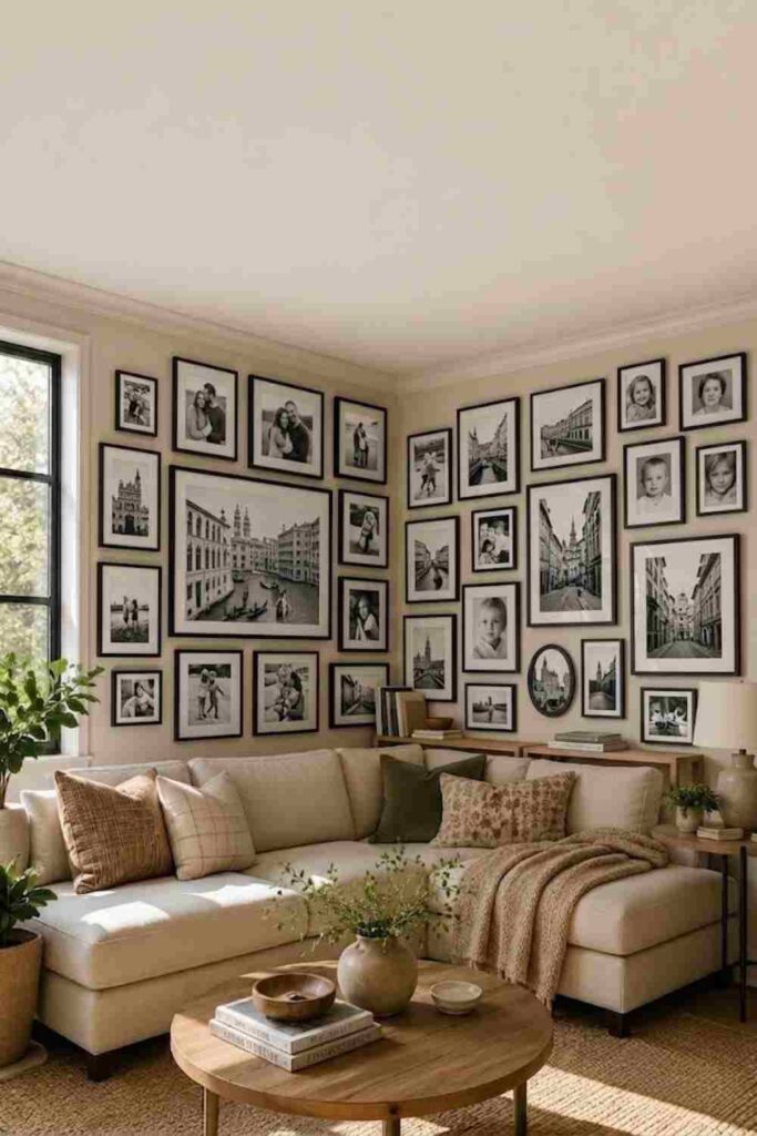 Black and white photo gallery wall with black frames in a living room