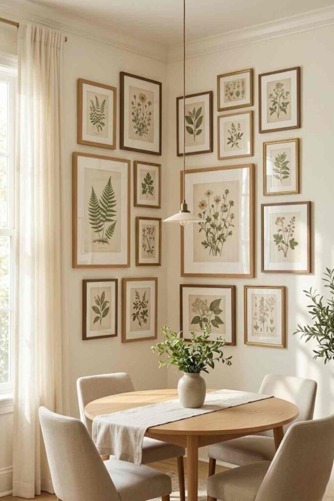 Botanical corner gallery wall with vintage plant prints