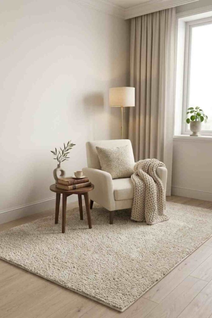 cozy reading nook with beige rug cream chair and throw