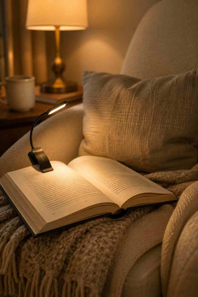 dedicated book light illuminating an open book in a cozy reading nook