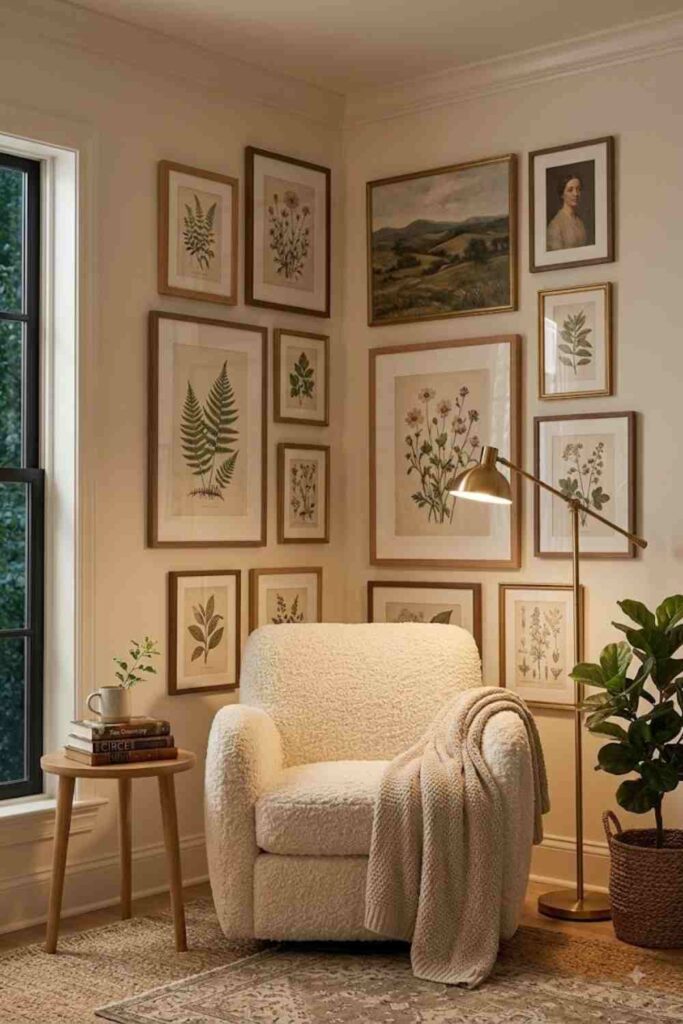 Cozy reading nook with a corner gallery wall and framed artwork