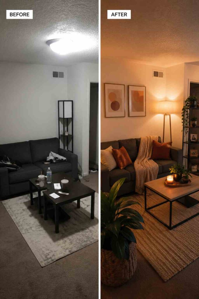 Side by side comparison of a cluttered small living room versus a cozy layered small living room