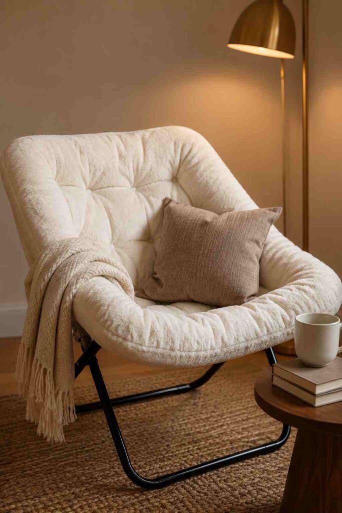 cream boucle accent chair in cozy luxury reading nook