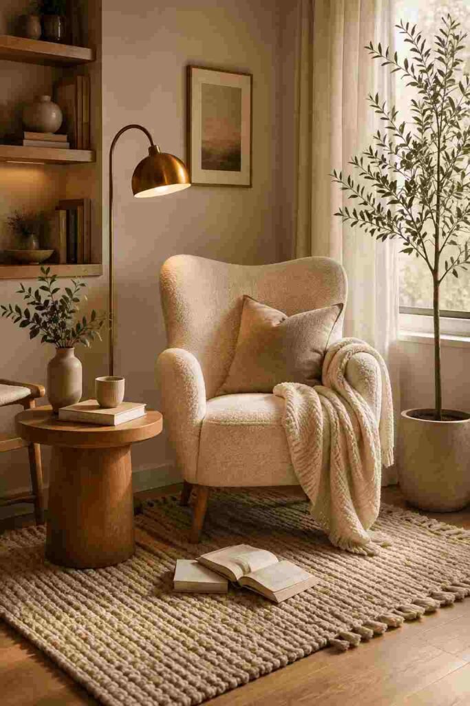 expensive looking reading nook with neutral decor on a budget